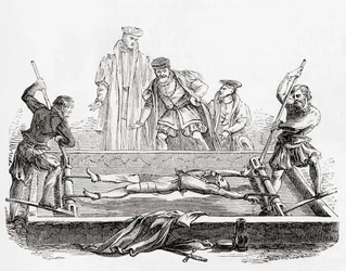 Cuthbert Simpson, ook Symson, Simson of Symion, gemarteld op de pijnbank in de Tower of London, tijdens de Marian vervolging, 1558, uit Old England: A Pictorial Museum, uitgegeven 1847